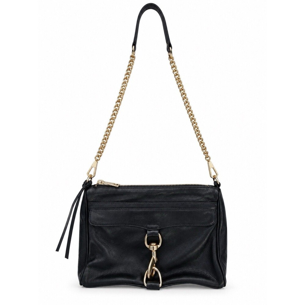 Rebecca Minkoff M.A.C. Black Leather Gold Chain Crossbody Bag 11in